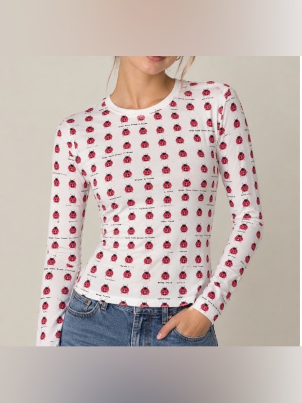 Teddy Fresh White Long-Sleeve Tee with Red Ladybug Print